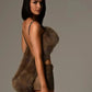 Hipster Sexy 2-Piece Set Women Fur Backless Camisole+Zip Peach Hip Pu Skirt Matching Skinny Clubwear Luxury Wild Outfits