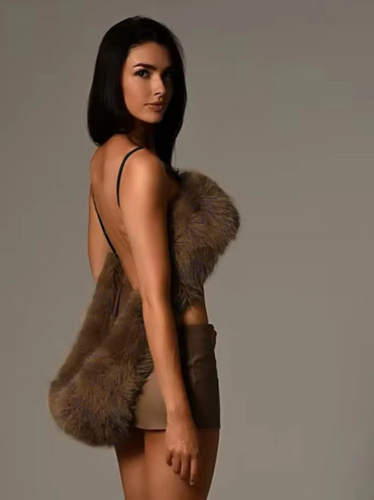 Hipster Sexy 2-Piece Set Women Fur Backless Camisole+Zip Peach Hip Pu Skirt Matching Skinny Clubwear Luxury Wild Outfits