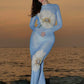 Mesh See Through Sexy Print Maxi Dress Women Summer Fashion Long Sleeve Lace-up Backless Beach Club Party Long Dress