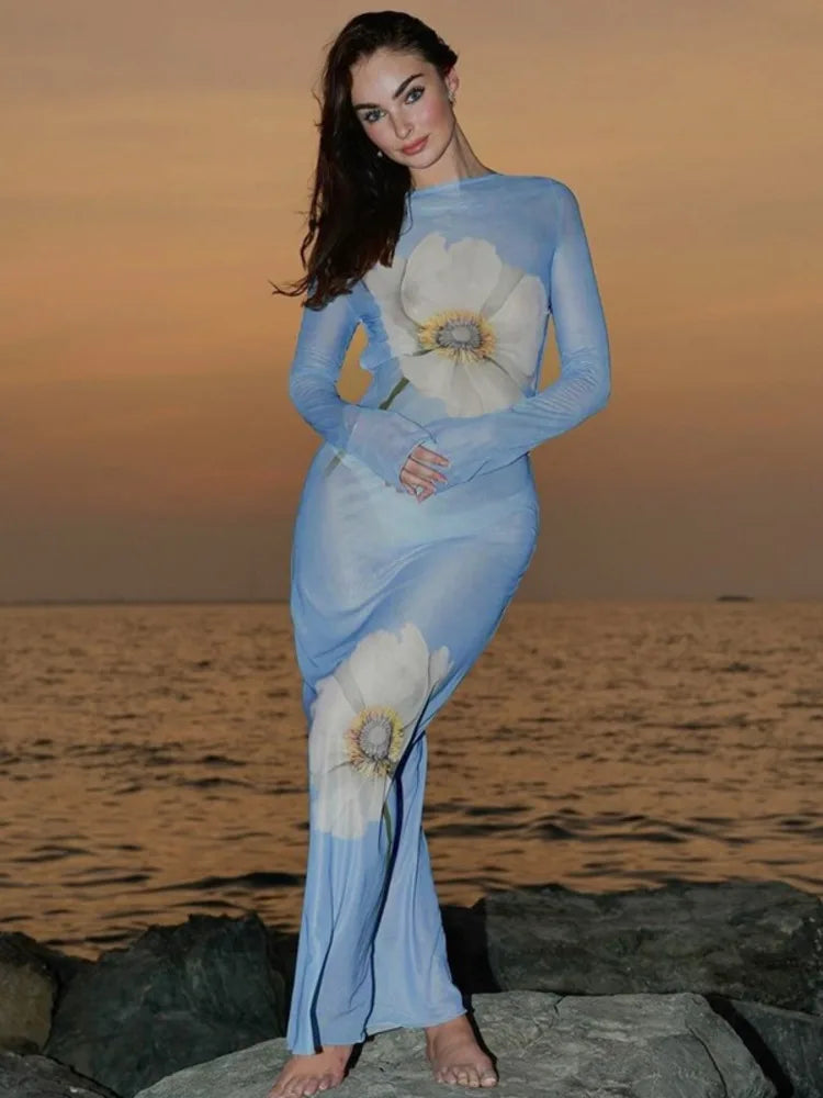 Mesh See Through Sexy Print Maxi Dress Women Summer Fashion Long Sleeve Lace-up Backless Beach Club Party Long Dress