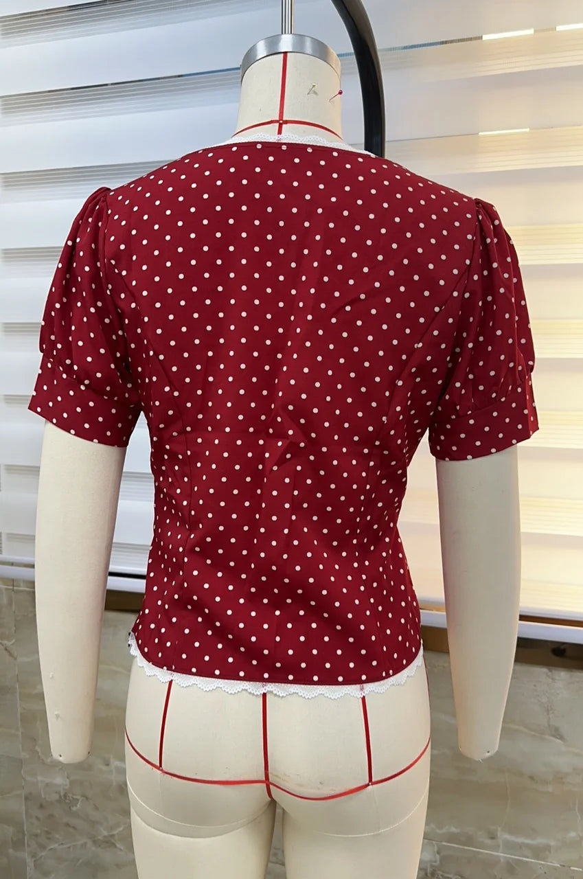 Women Short Sleeve Shirts Dot Print Lace Trim Buttons Scoop Neck Blouses Summer Slim Fit Casual Tops Streetwear