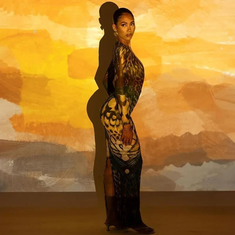 Butterfly Print Mesh Sheer Deep V Neck Long Sleeve Maxi Dresses 2026 Woman Party Dress Sexy Outfits