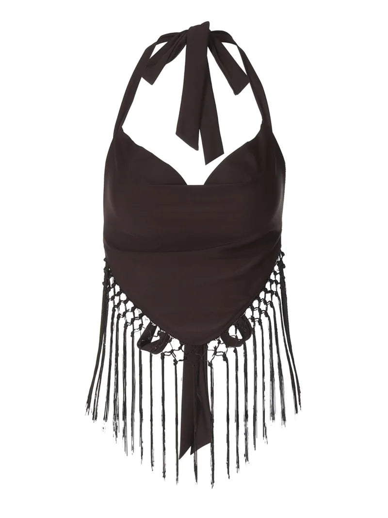 Lace Up Tassel Backless Crop Tops Streetwear Woman Clothing Sexy Summer Halter Top Club Wear