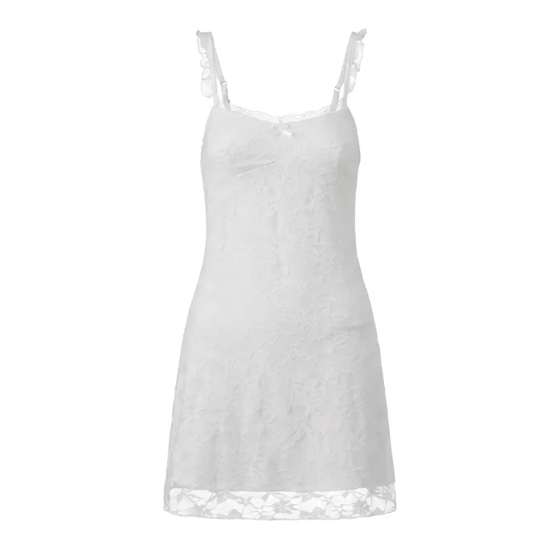 Vintage Y2K Women Floral Lace Bodycon Mini Dress Ruffle Trim Spaghetti Strap V Neck Sleeveless Club Night Short Dress