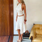 Crochet Lace Two Piece Set Women Halter Crop Top Asymmetrical Midi Skirt Hollow Out Boho Beach Vacation Matching Outfit