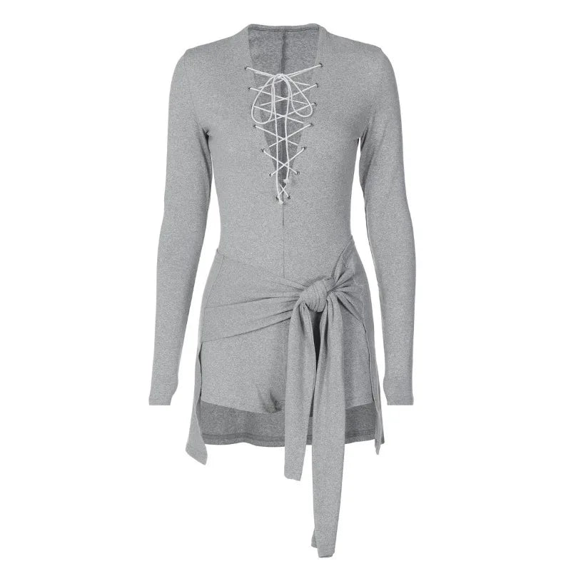 Deep V Neck Lace Up Long Sleeve Short Jumpsuit Gray Black Sexy Romper Fall Clothes for Woman One Piece Outfit