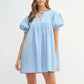 Summer Cute Gingham Babydoll Dress Ladies Round Neck Front Drawstring Bubble Sleeve Loose Flowy Short Dress Vacation