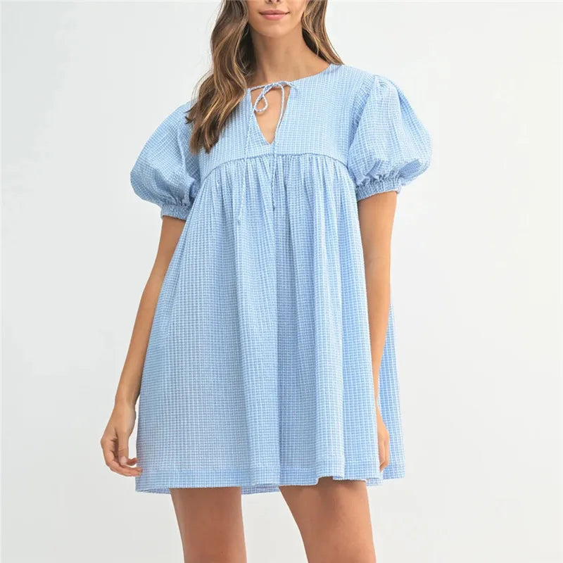 Summer Cute Gingham Babydoll Dress Ladies Round Neck Front Drawstring Bubble Sleeve Loose Flowy Short Dress Vacation