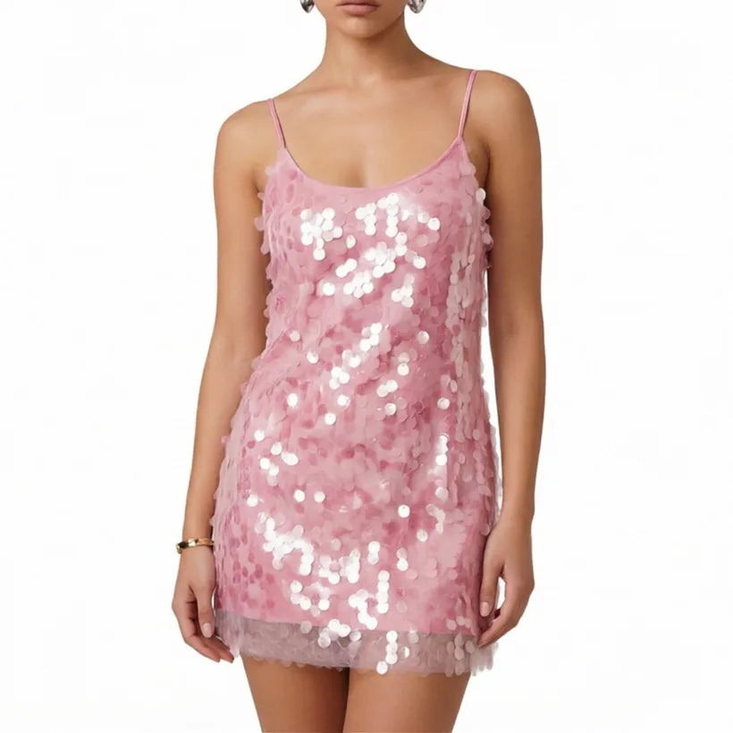 Minimalist Sequins Spaghetti Strap Mini Dress Women Sparkly U Neck Versatile Evening Wedding Guest Club Short Dress