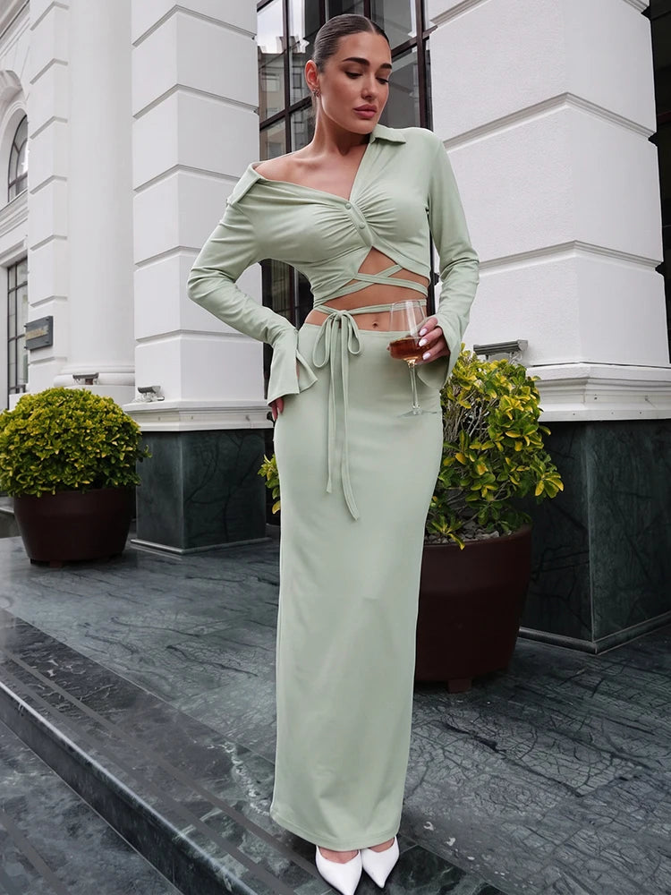 Sexy 2 Piece Set Women Fashion Button Patchwork Cross Bandages Deep V-Neck T-Shirt+Split Skirt Chic Street Party Suit