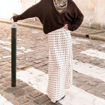 Women Polka Dot Maxi Skirt Elegant Ladies Bodycon A Line Flare Long Skirts Cute Print Flowy Maxi Satin Skirt Dress