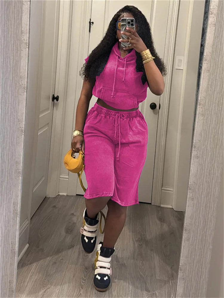 Casual Fashion 2 Piece Set Woman Vintage Style Sleeveless Hooded Tank Tops+Drawstring Elastic Waist Shorts Streetwear