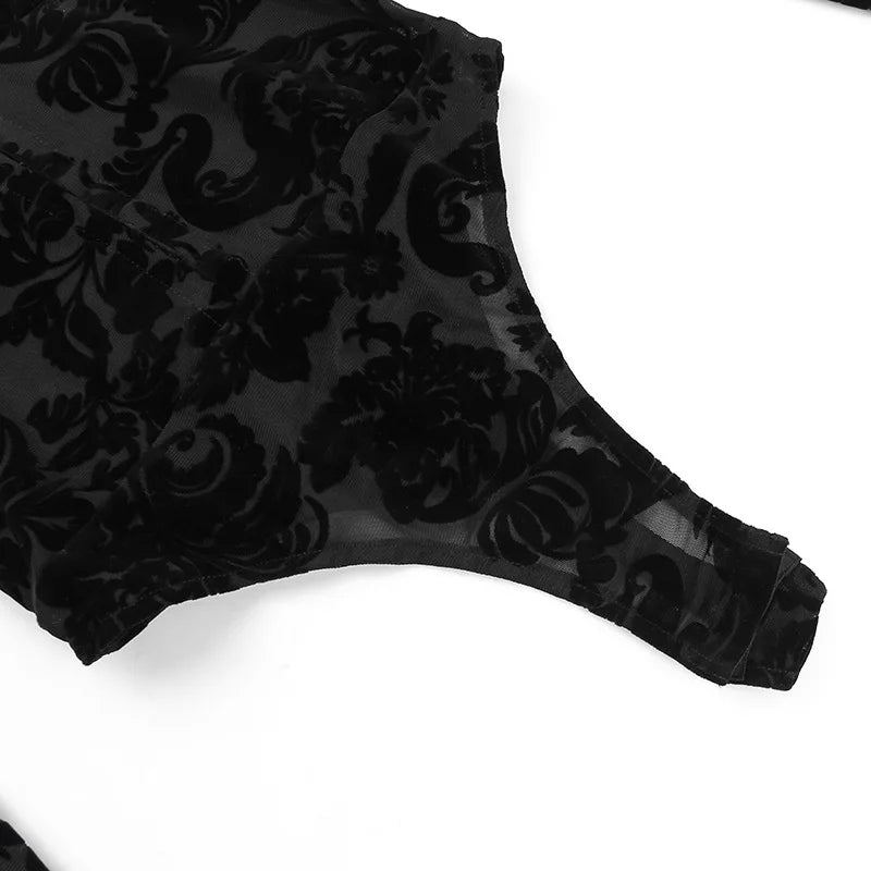 Flocking Mesh Bodysuits Off Shoulder Long Sleeve Tops Lingeries Sexys Bodysuit Black Clothes for Women