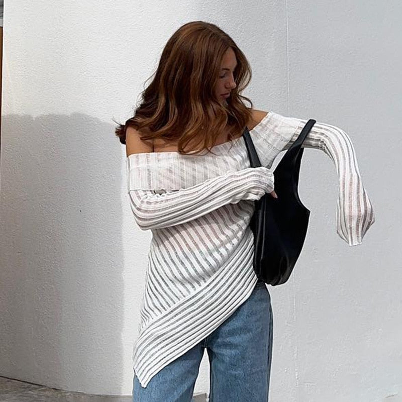 Asymmetric Off Shoulder Long Sleeve Tops White Hollow Knit Sheer Y2k T Shirt Sexy Fall Clothes for Women 2023