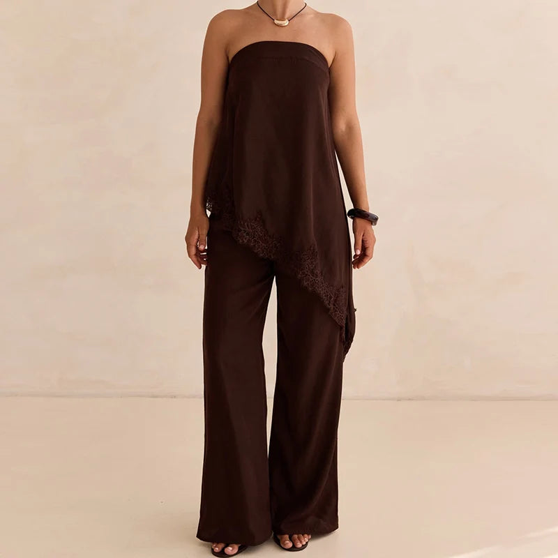 Lace Trim Strapless Bandeau Top+High Waist Wide Leg Pants Two Piece Set Elegant Casual Outfit For Women Y2K Streetwear