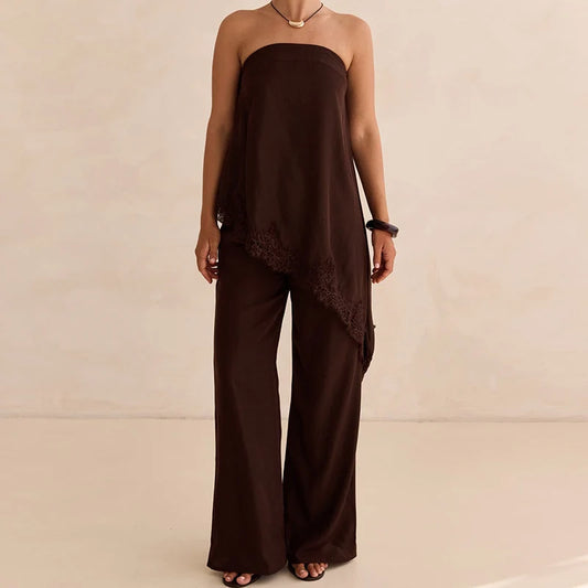 Lace Trim Strapless Bandeau Top+High Waist Wide Leg Pants Two Piece Set Elegant Casual Outfit For Women Y2K Streetwear