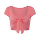 Women Front Tie Knot Cropped T Shirt V Neck Puff Short Sleeve Slim Fit Solid Plaid Crop Top Vintage Summer Casual Blouse