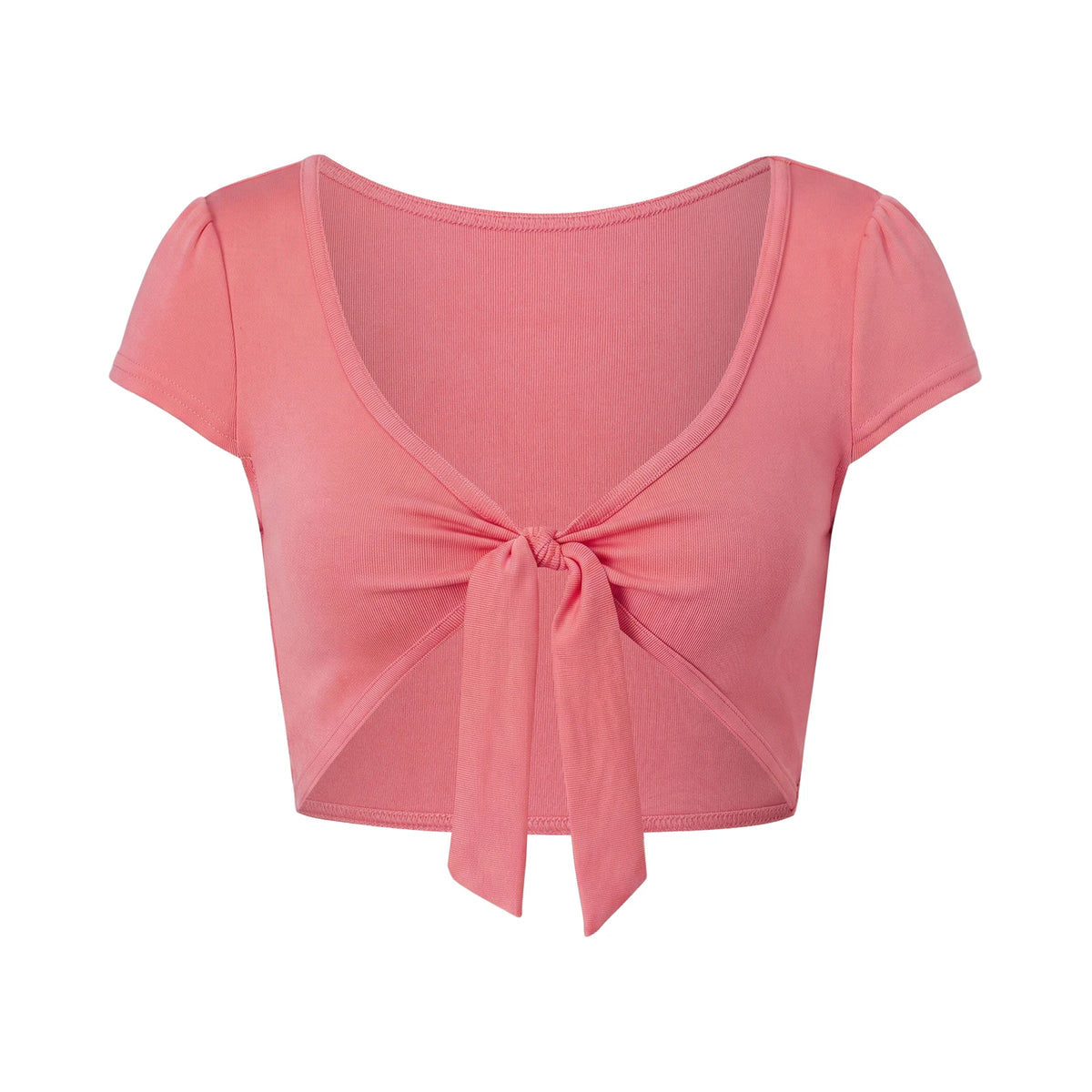 Women Front Tie Knot Cropped T Shirt V Neck Puff Short Sleeve Slim Fit Solid Plaid Crop Top Vintage Summer Casual Blouse