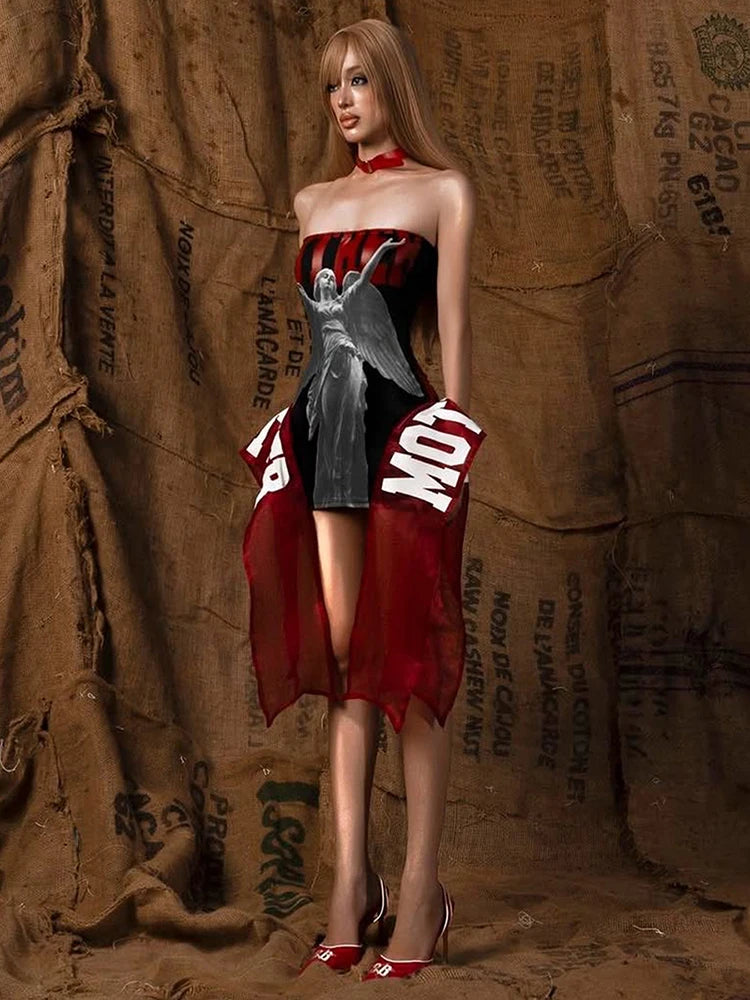 Fashion Print Mini Dress Women Sexy Off Shoulder Sleeveless Backless Skinny Peach Hip Hot Girls Wild Style Outfits