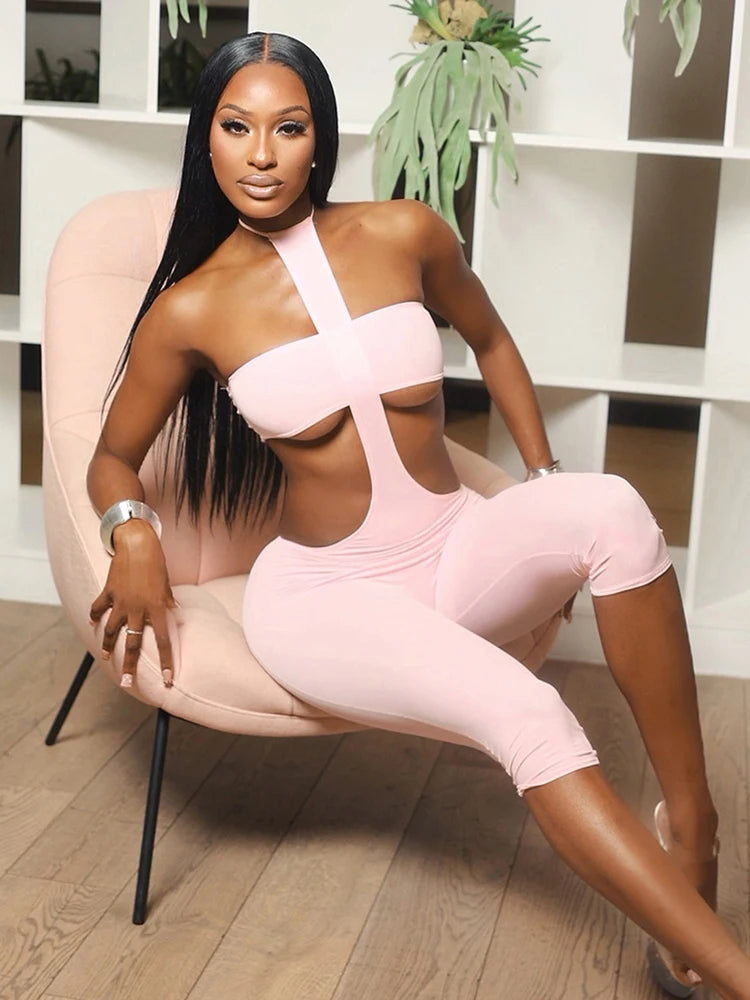 Sexy Fashion 2 Piece Set Women Solid Strapless Tops+Lace-Up Halter Backless Skinny Peach Hip Playsuit Hipster Outfits