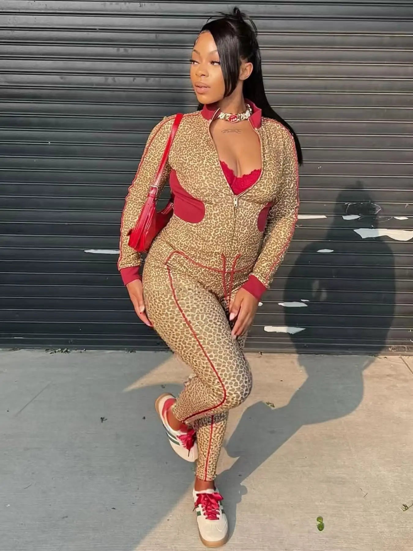 Patchwork 2 Piece Set Women Tracksuit Leopard Print  Crop Jacket+Leggings Matching Casual Activity Stretch Streetwear