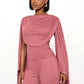 Casual Ribbon 2-Piece Set Women Cape Sleeve Skinny Top+Straight Trousers Matching Simple Elegant Stretch Slim Outfits
