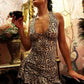 Leopard Print Halter V Neck Sexy Mini Dress Women Elegant Backless Off-shoulder Sleeveless Draped Club Party Dress