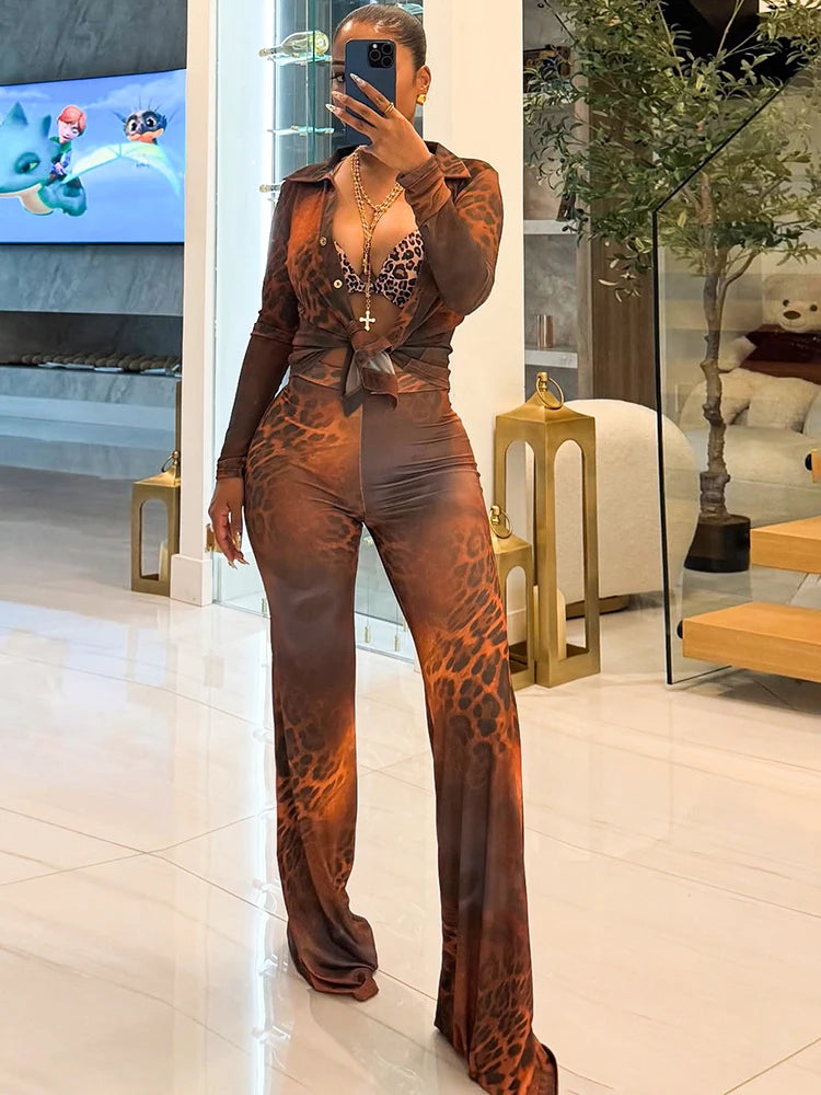 Leopard Print 2 Piece Set Women Sexy See Through Button Tight Blous+Flared Pants Matching Street Club Stretch Outfits