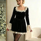 Womens Velvet Lace Mini Dress Square Neck Ruffle Flare Long Sleeve A Line Short Dress Christmas Holiday Party Dress