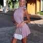Elegant Halter Neck Mini Dress Backless Pleated High Waist Layered Ruffle Hem Solid Color Short Dress Party Club Outfit