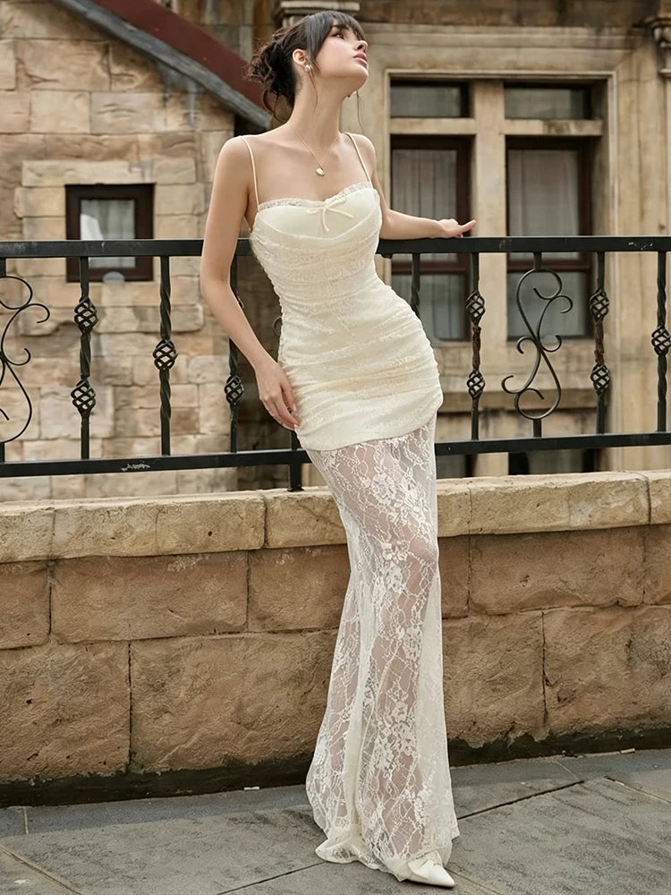 Patchwork Lace Maxi Dress Women Bow Folds Low-Neck Sleeveless Skinny Elegant Wedding Party Banquet Chic Vestidos