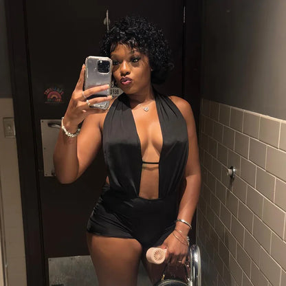 Women Deep V Halter Cut Out Bodysuit Shorts Backless Romper Sexy Night Club Party Outfit Black Bodycon Short Jumpsuit