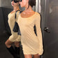Trend Simple Dress Women Fashion Classic Low-Neck Full Sleeve Stretch Skinny Sexy Chic Party Street Peach Hip Bodycon
