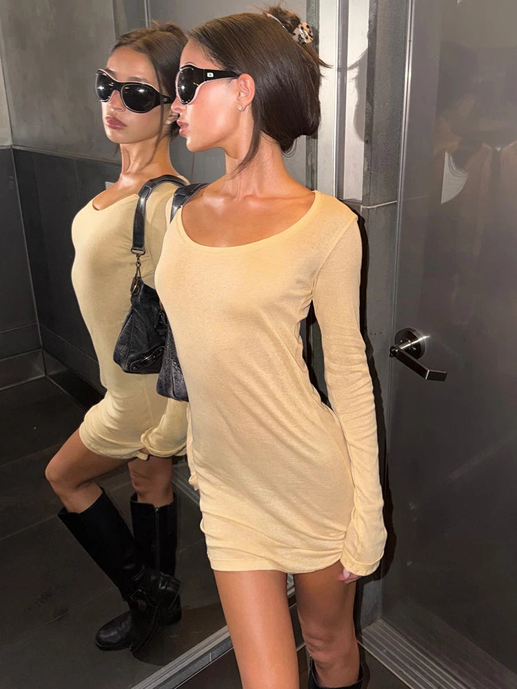 Trend Simple Dress Women Fashion Classic Low-Neck Full Sleeve Stretch Skinny Sexy Chic Party Street Peach Hip Bodycon