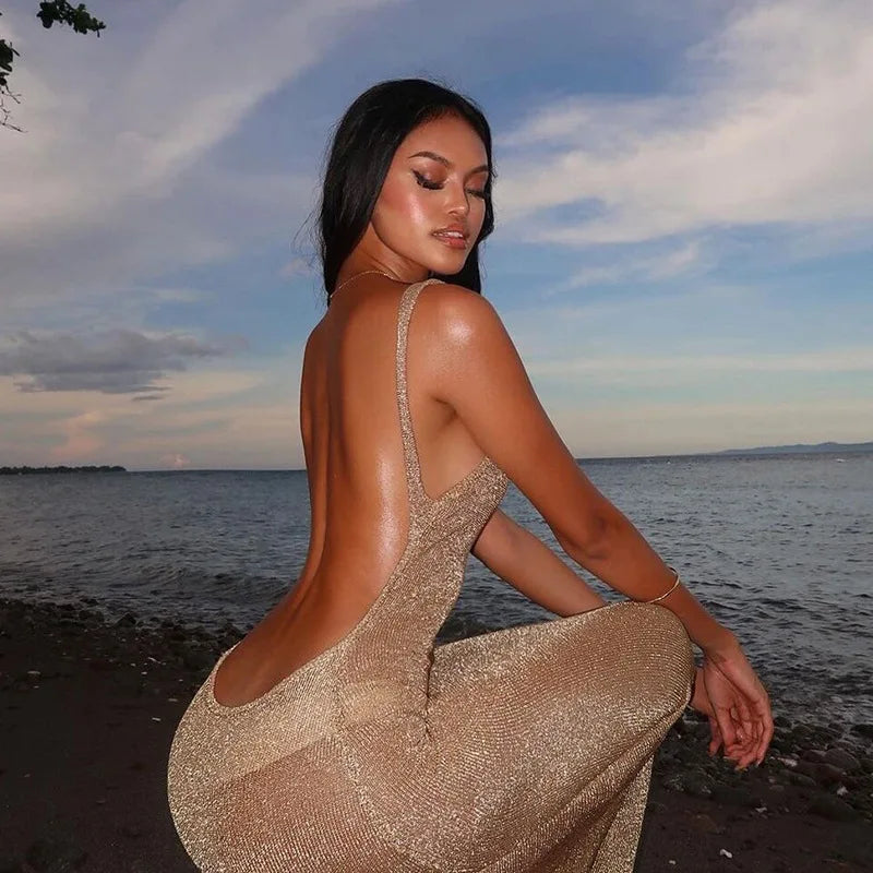 See Through Open Back Split Long Dresses Summer Woman Glitter Beach Dress Elegant Sexy Vacation Outfits