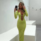 Lace Up Deep V Neck Long Sleeve Bodycon Dress Sexy White Party Outfits Women Maxi Dresses Elegant Winter 2023