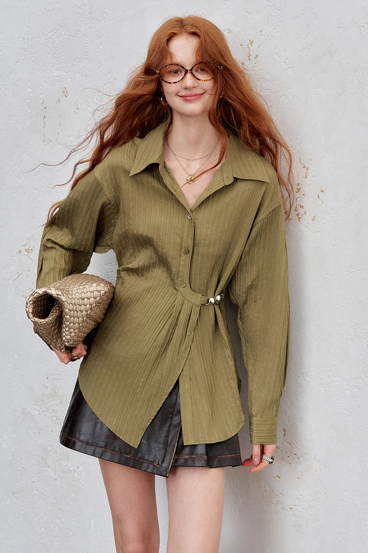 2025 Autumn New Arrival Minimalist Asymmetrical Design Solid Full Sleeve Shirt For Woman