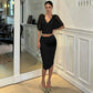 White Mesh Two Piece Set Draped V-neck Batwing Top and Ruched Midi Skirt Sexy Party Outfits for Woman