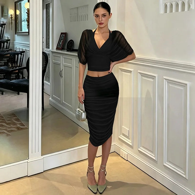 White Mesh Two Piece Set Draped V-neck Batwing Top and Ruched Midi Skirt Sexy Party Outfits for Woman