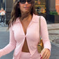 Pink Long Sleeve Two Piece Set Button Up Cardigan Top and Mini Skirt Fall Outfits Woman Matching Sets