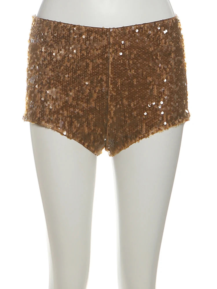 Sexy Coquette 2 Piece Set Women Fashion Silky Patchwork V-Neck Camisole +Sequins Shorts Matching Hottie Street Suits