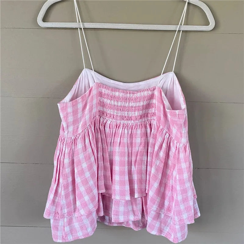 Y2K Coquette Aesthetic Pink Gingham Babydoll Top Spaghetti Strap Square Neck Double Layer Ruffle Hem Peplum Cami Blouse