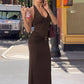Women Halter Maxi Dress Deep V Neck Sleeveless Bodycon Long Dress Waist Metal Buckle Ruched Party Evening Club Dress