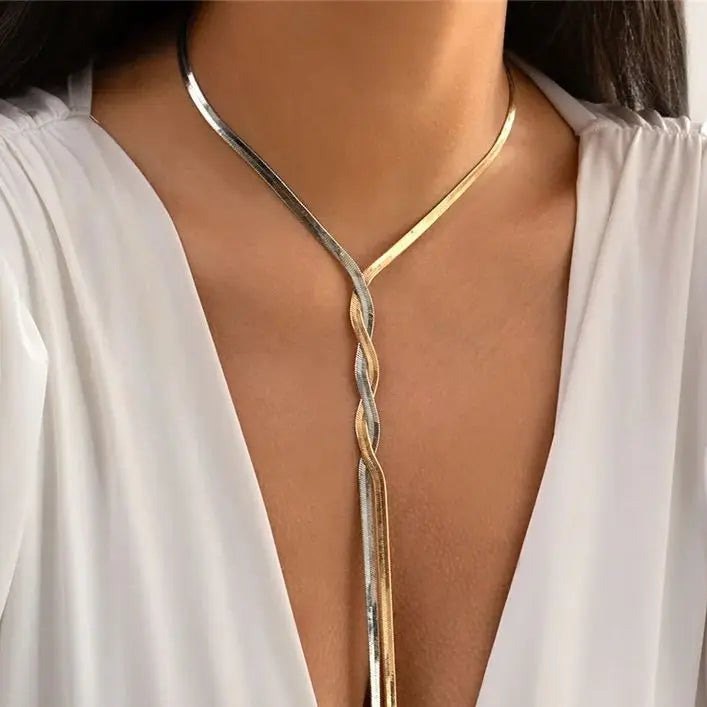 Kpop Adjustable Flat Snake Long Chain Necklace for Women Wed Temperament Weave Link Choker Chest Neck Jewelry Gift New