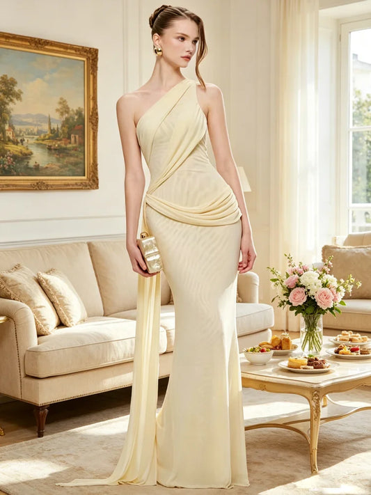 Vacation Chic Maxi Dress Women Mesh Tassel Slanted Shoulder Folds Solid Elegant Birthday Party Summer Fashion Vestidos