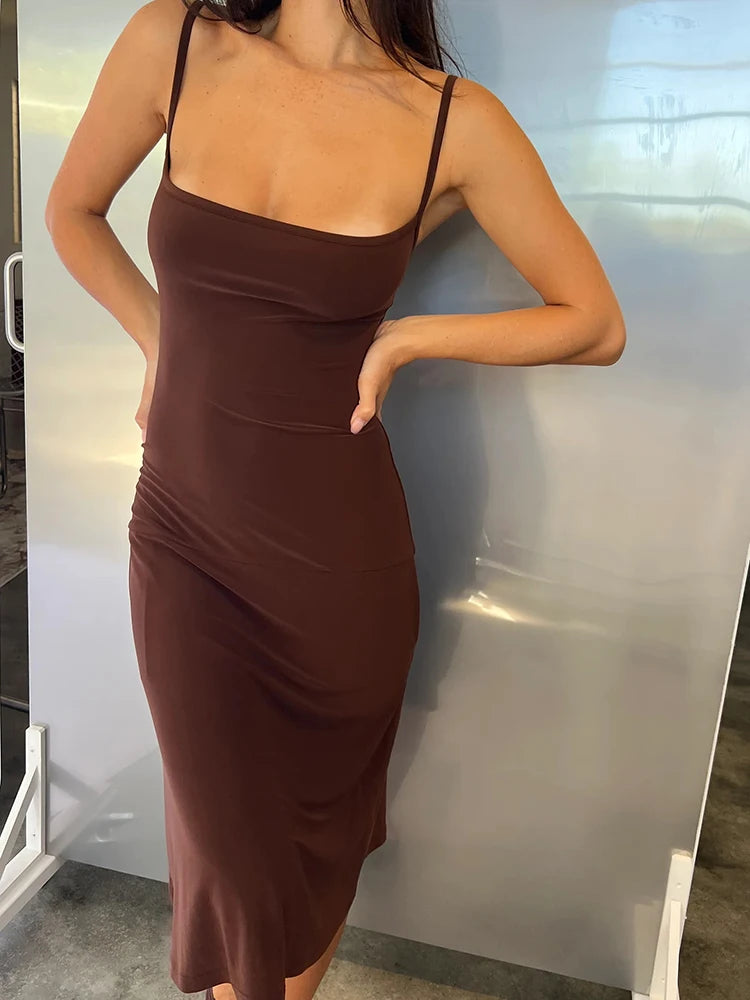 Spaghetti Strap Backless Sexy Midi Dress Women Elegant Sleeveless Bodycon Club Party Slip Long Dress Female Clothes