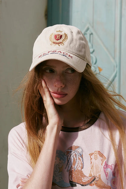Vintage Crest Crown Embroidery Baseball Cap, Washed Cotton Curved Brim Adjustable Dad Hat for Daily Outdoor