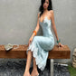 Patchwork Satin Lace Maxi Dress Women Low-Neck Sleeveless Skinny Elegant Vacation Prom Party Classic Chic Vestidos