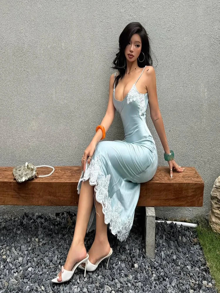 Patchwork Satin Lace Maxi Dress Women Low-Neck Sleeveless Skinny Elegant Vacation Prom Party Classic Chic Vestidos