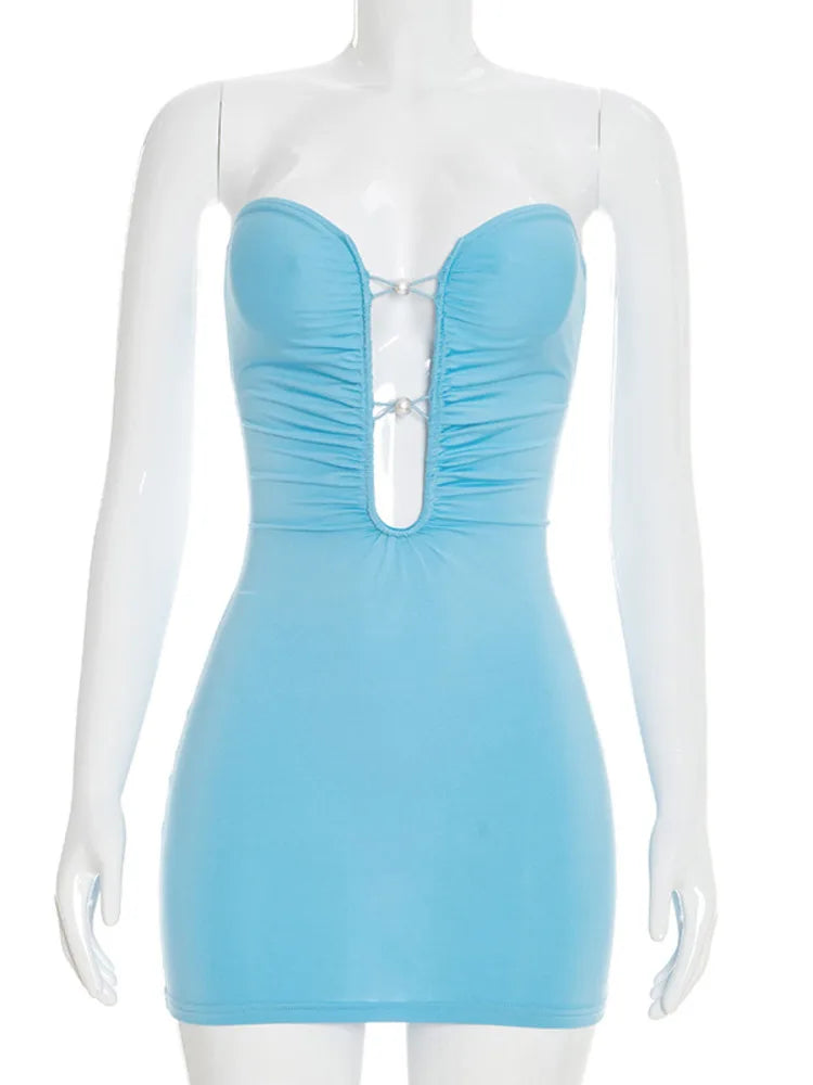 Off-shoulder Strapless Sexy Mini Dress Women Summer Fashion Sleeveless Backless Ruched Skinny Club Party Dresses Female